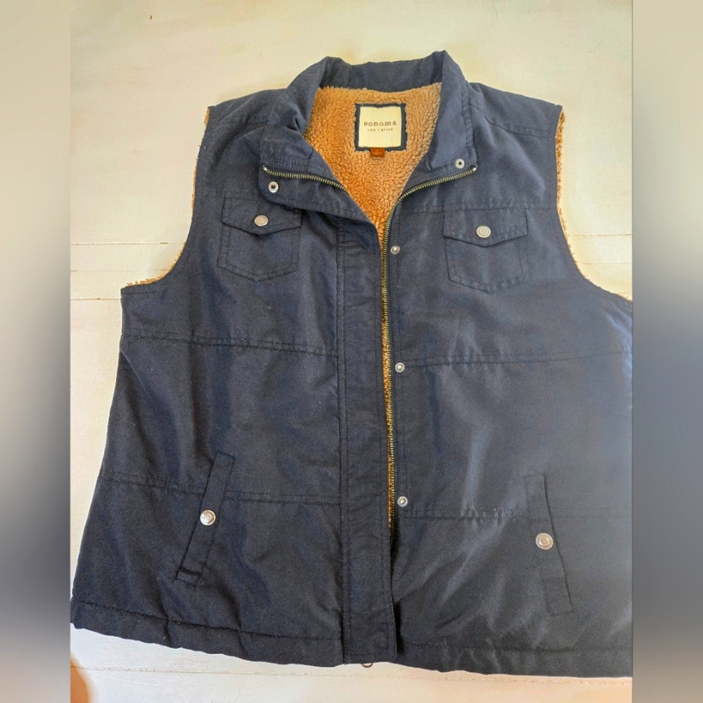Sonoma Dark Blue Snap Front Fleece Lined Vest Womens Size Large